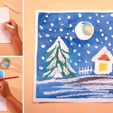 冬のシーンのワックス描画と絵画