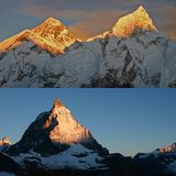 Az alpesi fény narancsos színe a Mount Everesten (felül balra) és a Matterhornon